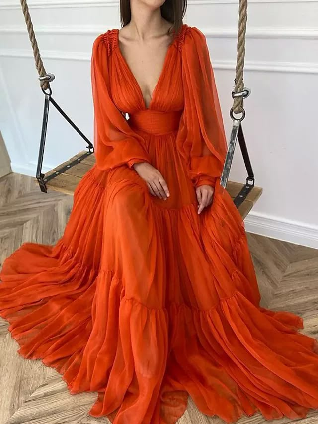 A-Line Evening Gown Elegant Dress Formal Floor Length Long Sleeve V Neck Chiffon with Ruched 2023 2023 - US $131.99 Green Dress Formal, Orange Evening Dresses, Red Green Dress, Beauty Pageant Dresses, True Autumn, Chiffon Ruffle Dress, Formal Wedding Guests, Orange Chiffon, 파티 드레스