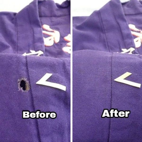 before and after photos of purple sweatpants with white arrows on them that show how to fix the hole in the fabric