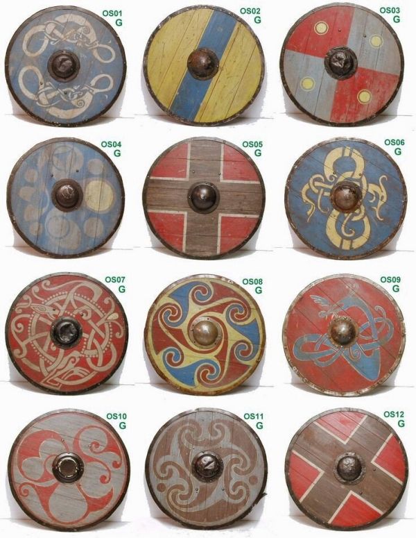 many different types of shields with designs on them