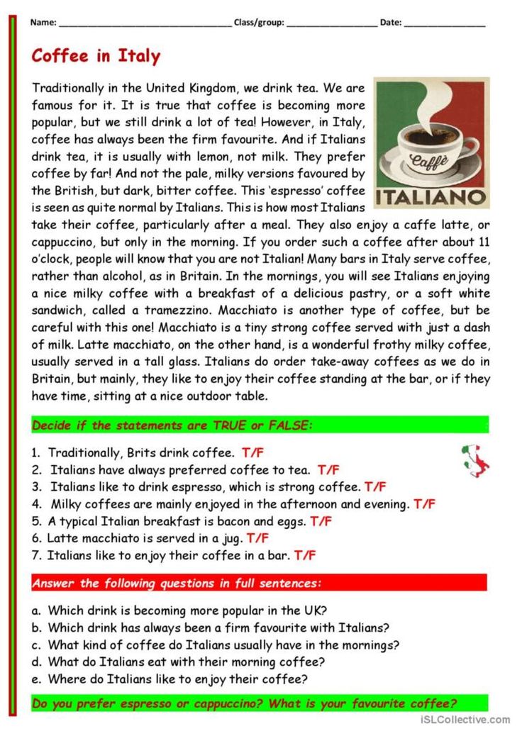 coffee in italy worksheet with answers and answer sheet for students to learn the italian language