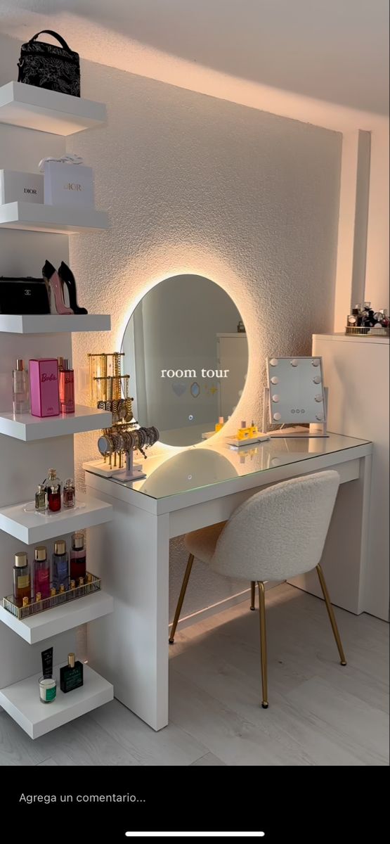 a white desk topped with a mirror next to a shelf