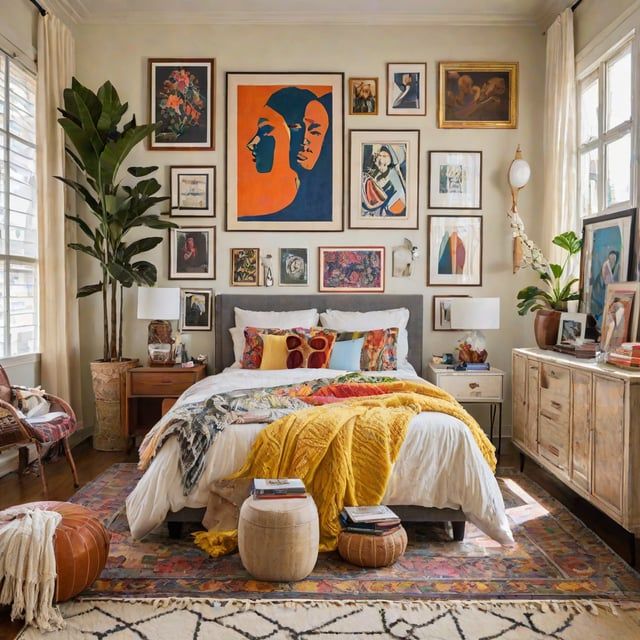 a bedroom with lots of pictures on the wall