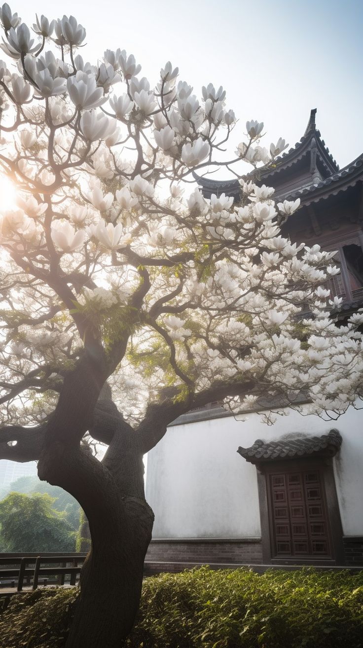 a large tree with white flowers in front of a building and sun shining through the branches