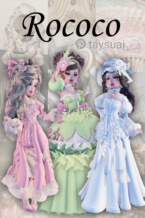 three dolls are standing next to each other in dresses and bonnets, with the caption rococo