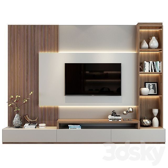 modern living room with entertainment center and built - in bookshelves on the wall