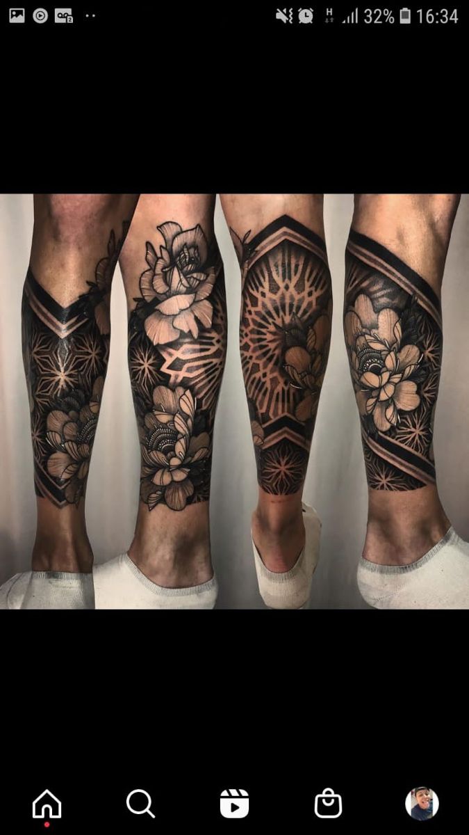 three legs with tattoos and flowers on them