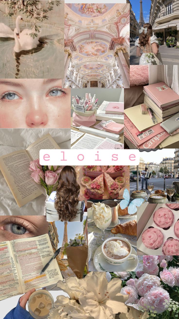 the collage shows many different things in pink and white colors, including books, flowers,