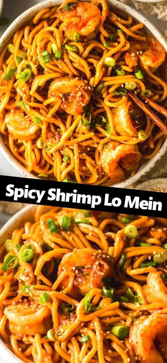 two pictures of shrimp lo mein with chopsticks in them