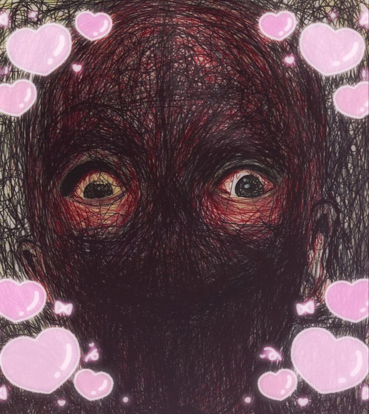 a drawing of a woman's face surrounded by hearts