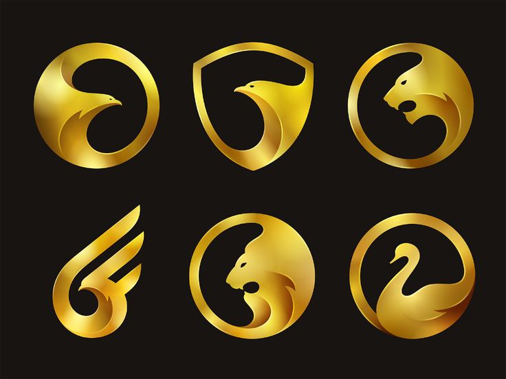 four golden logos with animals on black background