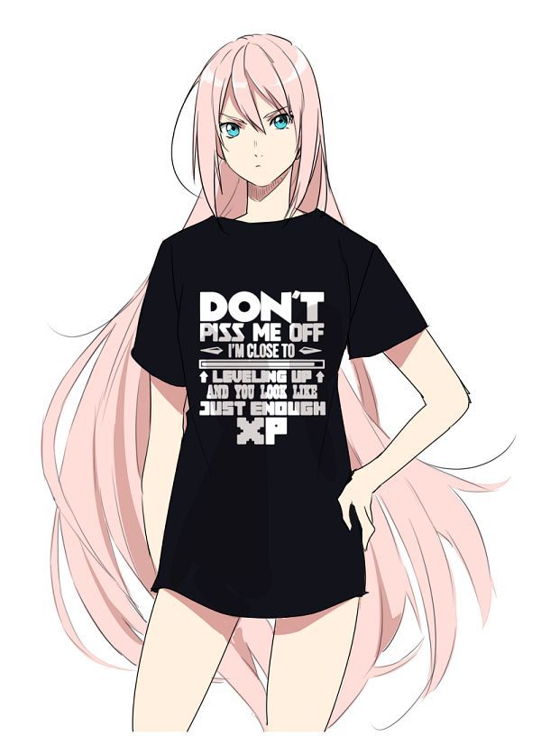 a girl with pink hair wearing a t - shirt that says don't piss me if