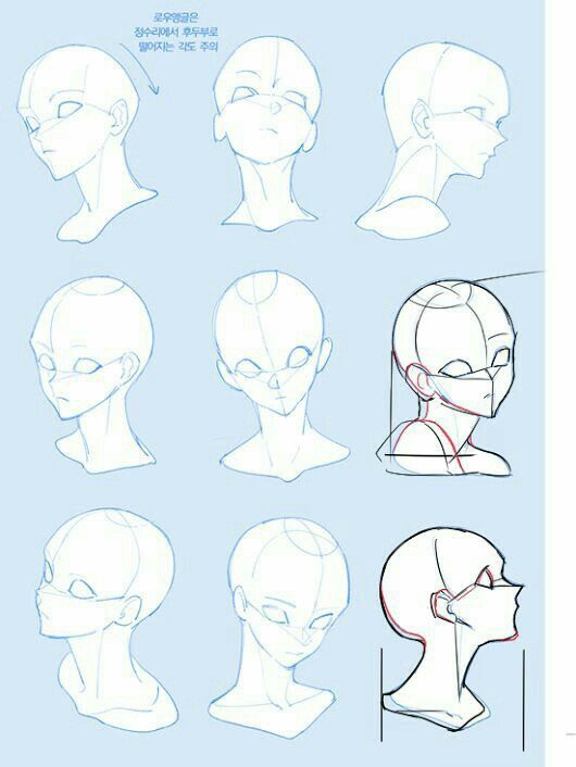 the head and shoulders of an alien with various facial expressions, from front to back