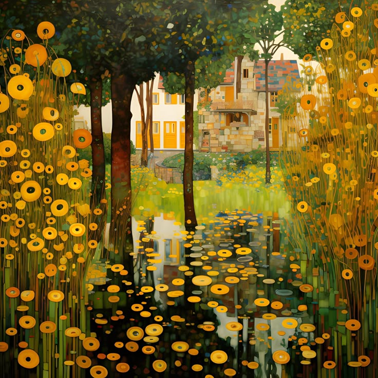 an oil painting of trees and flowers in front of a house with yellow daisies on the ground