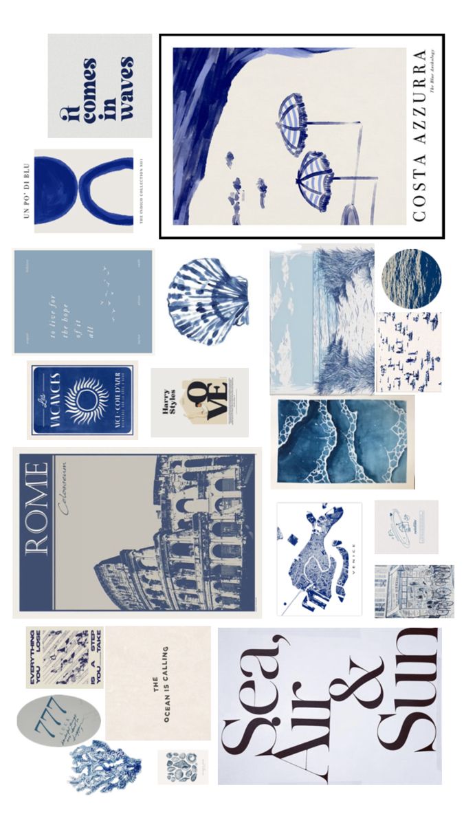 an assortment of blue and white art work on paper with words written in different languages