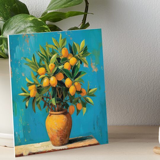 a painting of oranges in a vase on a table next to a potted plant