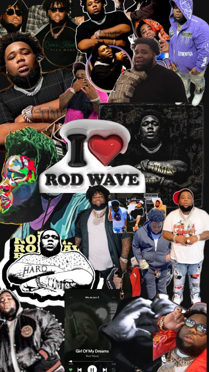 the collage has many different pictures and words on it, including an i love rod wave sticker