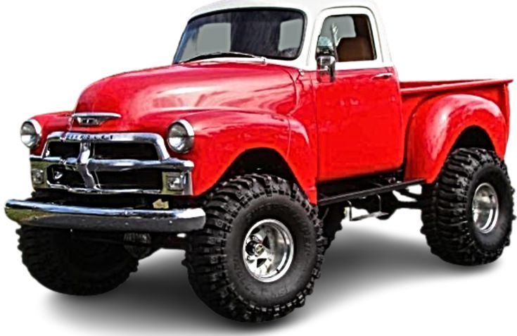 an old red pickup truck with big tires on it's flatbed, parked in front of a white background