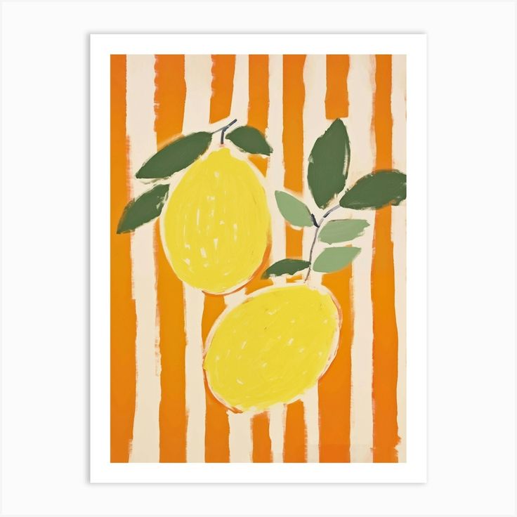 two lemons with green leaves on an orange and white striped background