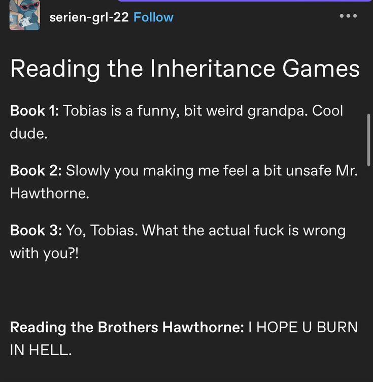 the text reads reading the inferiance games book 1 tobias is a funny, but weird grandpaa