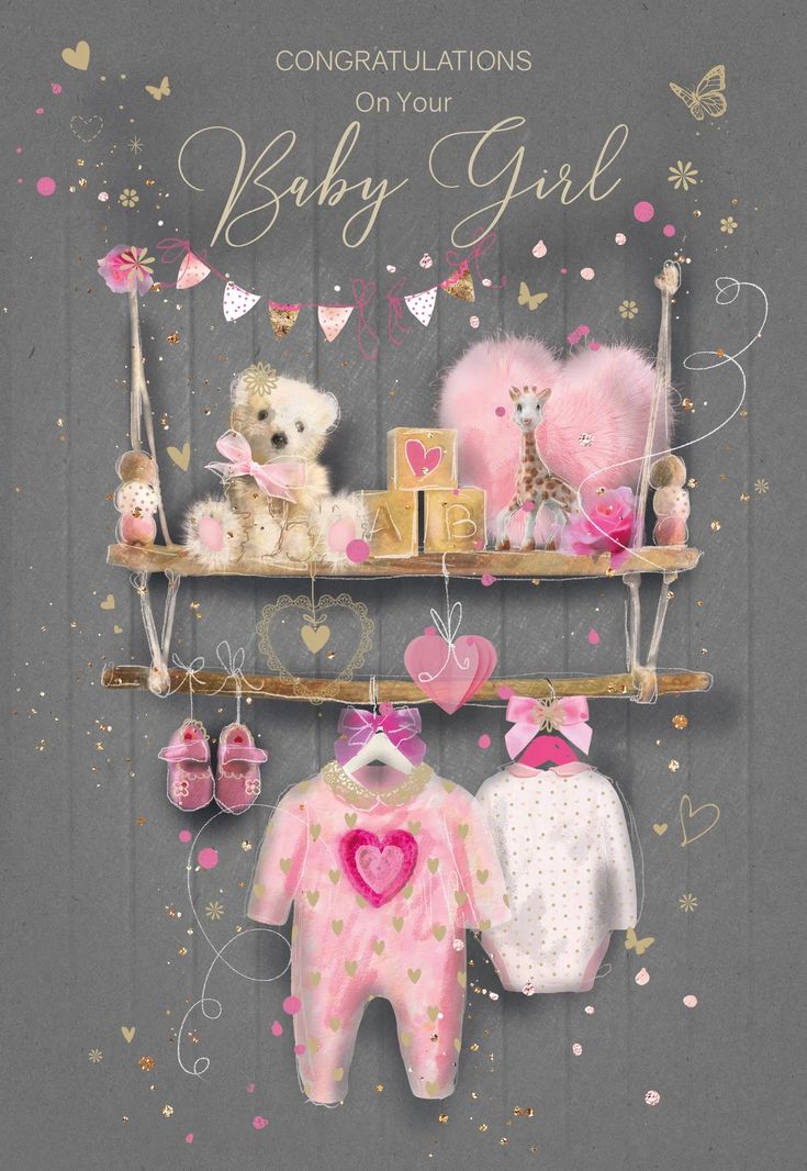 baby girl congratulations card with teddy bears and pink onesuits hanging from a shelf