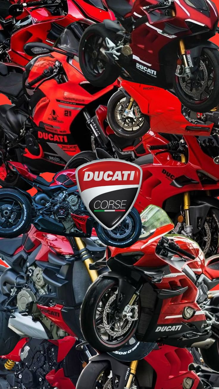 a bunch of motorcycles that are all red and black with the words ducati on them