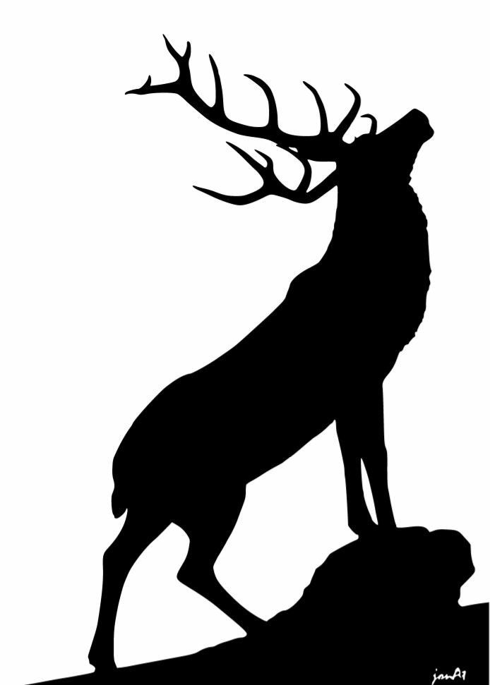 a black and white silhouette of a deer with antlers on it's back