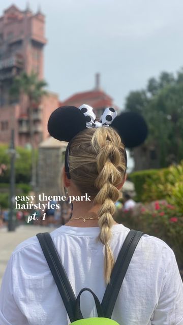 Disneyworld Hair Styles, Cute Hairstyles For A Baseball Game, Reverse Bubble Braid, Hairstyle For Theme Park, Disney Hair Styles For Women, Adult Disney Hairstyles, Hair For Theme Park, Hairstyle For Disney, Minnie Ears Hairstyle