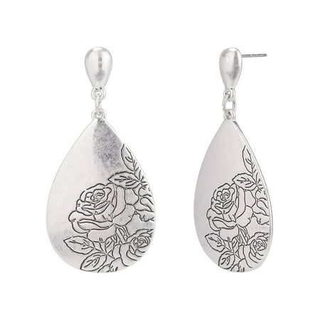 Simple and sophisticated this earring features an etched floral pattern for an easy wardrobe update. No stones. Made in China. Exclusively at Walmart. Size: one size.  Color: Silver.  Gender: female.  Age Group: adult. Easy Wardrobe, Metal Drop, Metal Etching, Silver Jewelry Earrings, Wardrobe Update, The Pioneer Woman, Hammered Metal, Metal Bar, Pioneer Woman