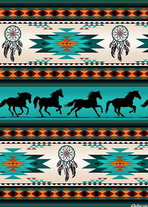 an image of native american horses and dream catchers on turquoise background with red, white, and blue colors