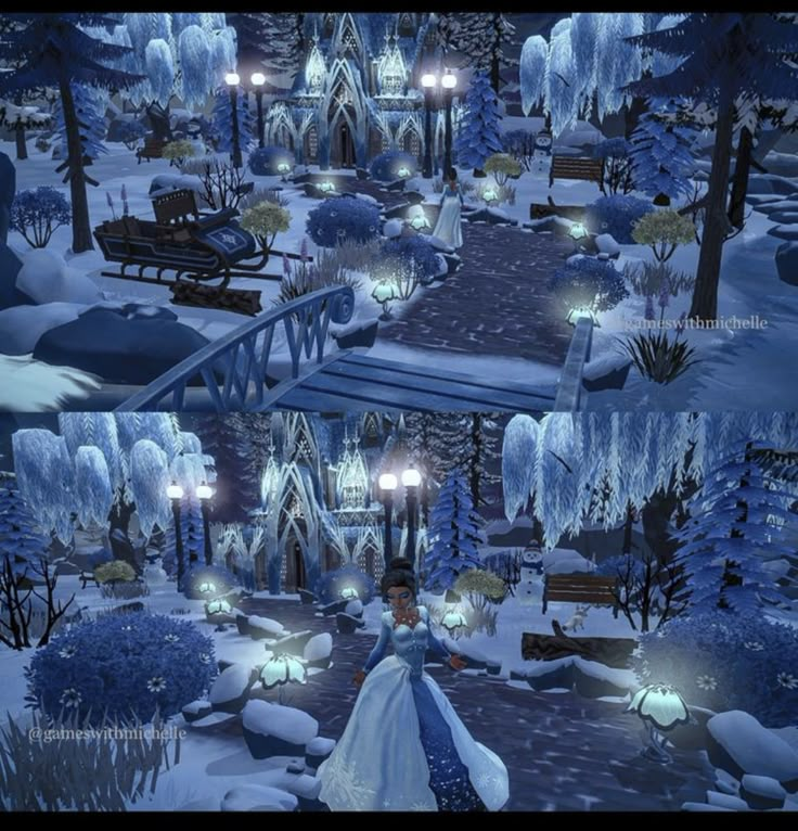 the animated scene shows a woman in a blue dress walking through a snowy park at night