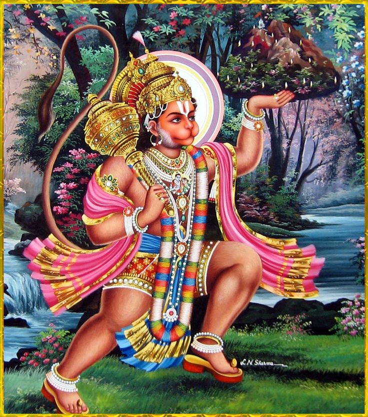 a painting of a hindu god in front of a river with trees and flowers on it