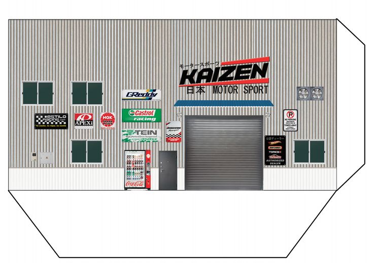 an industrial building with several signs on the side of it and a closed garage door