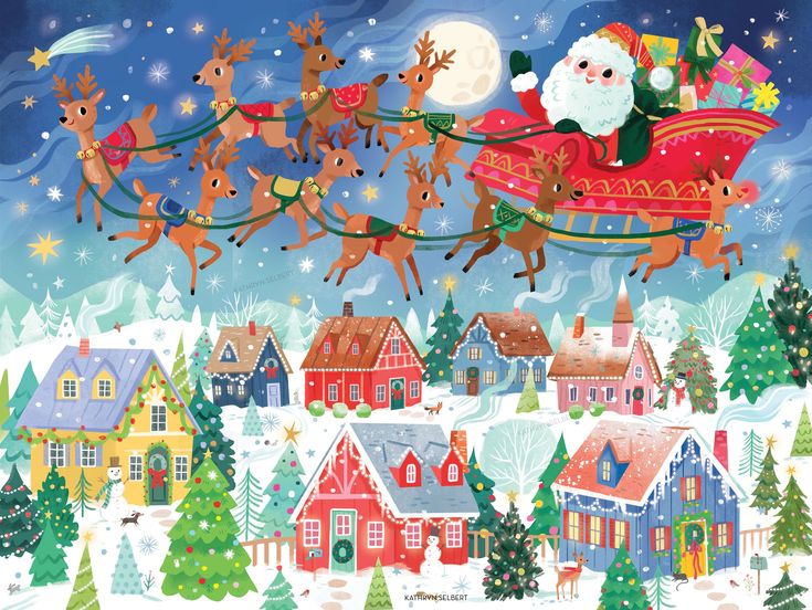 a christmas scene with santa riding in his sleigh and reindeers flying over the town