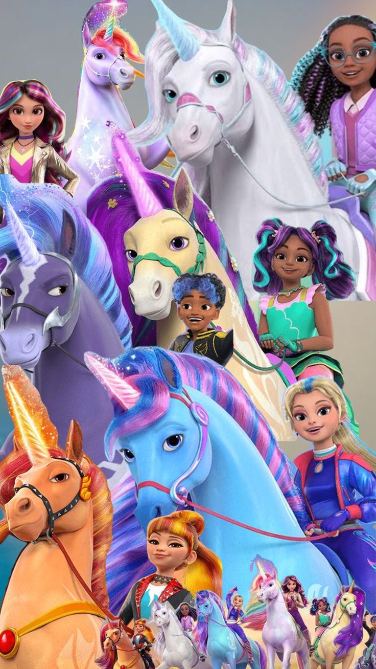 there are many different cartoon characters on the same horse as they appear in this photo