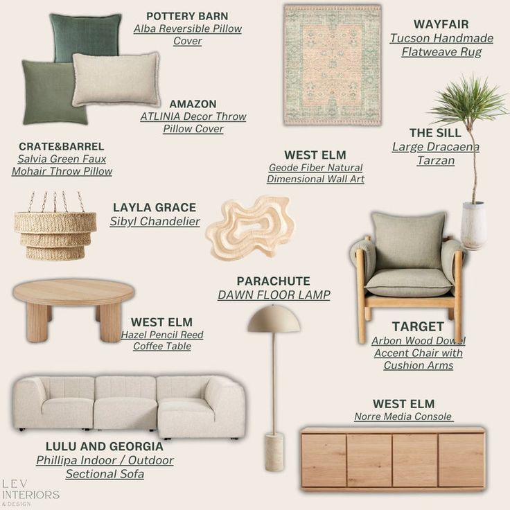 living room furniture and decor items that are labeled in the english language, including sofas,