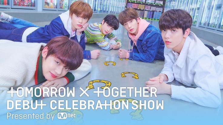 group of young men laying on the floor in front of bookshelves with text reading tomorrow x - together debuj celebration show presented by line