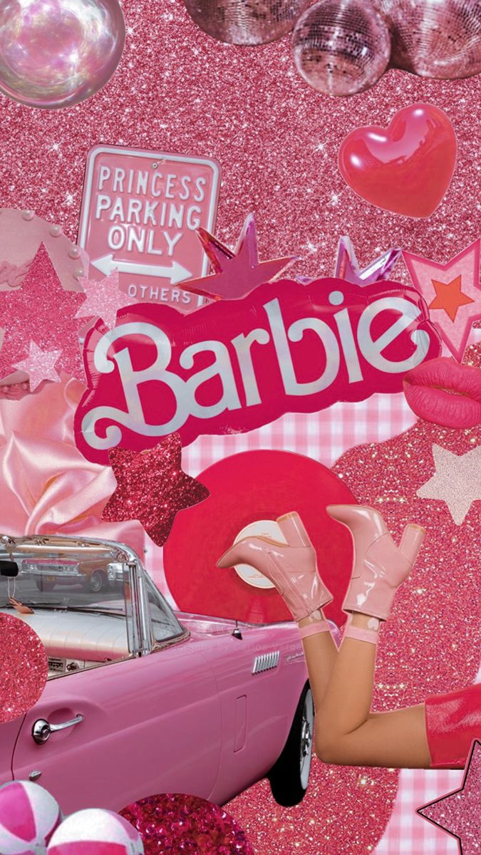 a barbie doll holding a pink hat in front of a wall covered with balloons and confetti