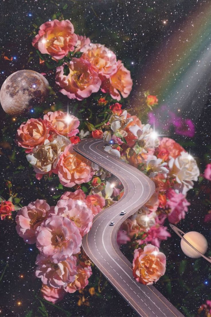 the road is surrounded by flowers and planets