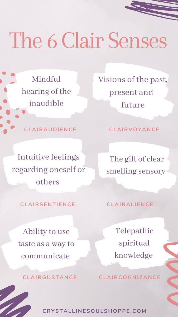 The Five Clair Senses: 
Clairaudience - Mindful hearing of the inaudible 

Clairvoyance - Visions of past, future, present

Clairsentience - Intuitive feelings regarding oneself or others 

Clairalience - Gift of clear smelling sensory 

Clairgustance - Ability to use taste as communication 

Claircognizance - Telepathic spiritual knowledgeable Clairsentience Development, The Clair Senses, Clairvoyant Quotes, Claircognizance Psychic Abilities, Clairvoyant Aesthetic, Claircognizance Developing, Clairvoyance Development, Clairaudience Exercises, Super Empath