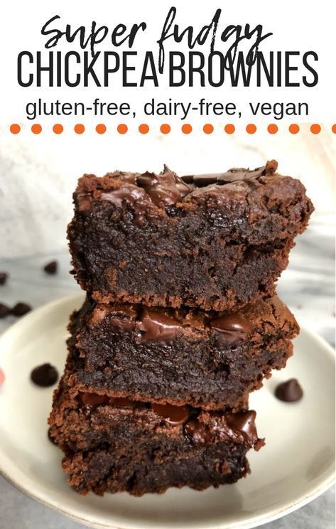 three chocolate brownies stacked on top of each other in front of the words super fudgey, gluten - free, dairy - free, dairy - free, vegan