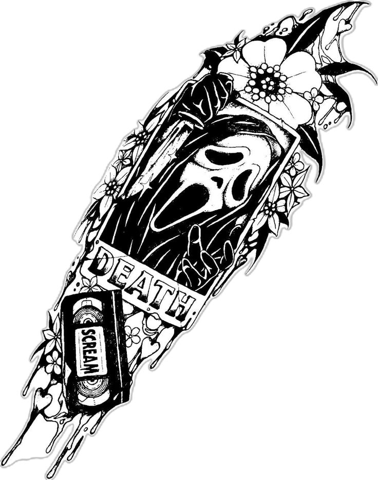 a black and white drawing of a skateboard with flowers on the bottom half of it