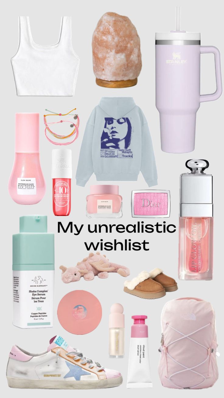 the contents of a woman's travel bag with text that reads, my urredistic wishlist