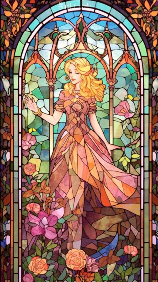 a stained glass window with a woman standing in front of it and flowers on the ground