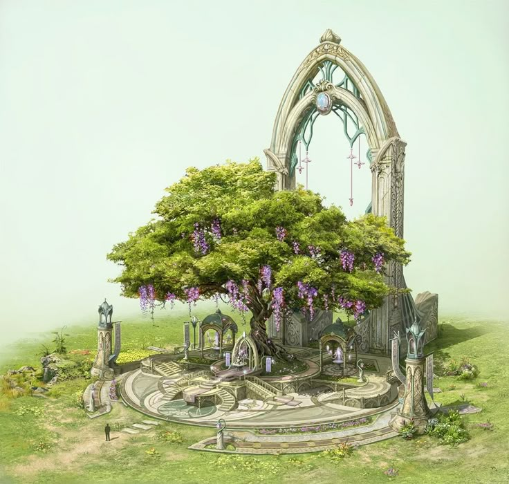 an artistic rendering of a tree in the middle of a garden with purple flowers on it