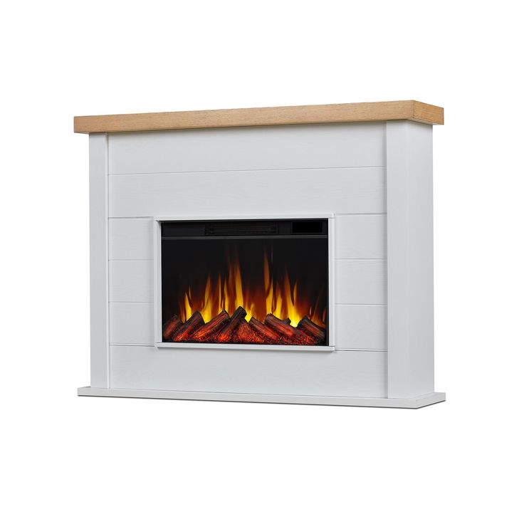 a white electric fireplace with flames on the side and wood mantle top, against a white background