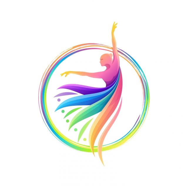 a woman with colorful hair is dancing in a circle on a white background, logo or icon