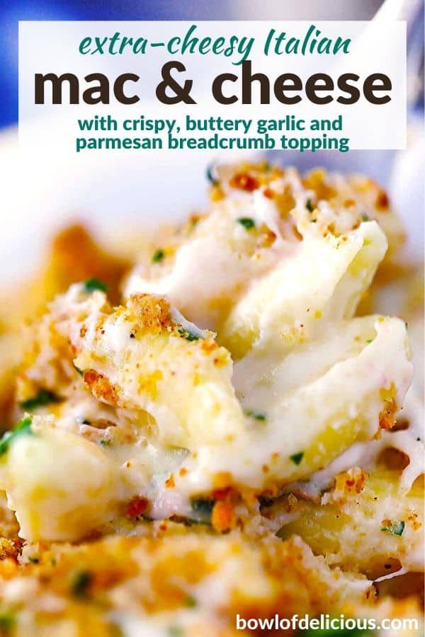 the cover of extra cheesy italian mac and cheese with crispy, butter garlic and parmesan breadcrumb topping