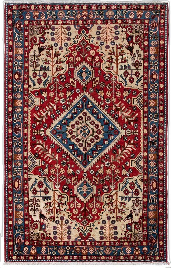 an antique persian rug with red, blue and white designs on the bottom half of it