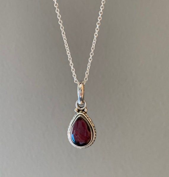 Sterling silver teardrop Garnet necklace. Ideal gift for her.Matching earrings available. Garnet Necklace, Dope Jewelry, Funky Jewelry, Teardrop Necklace, Necklace Boho, Crystal Necklaces, Dream Jewelry, Pretty Jewellery, Necklace Sterling Silver