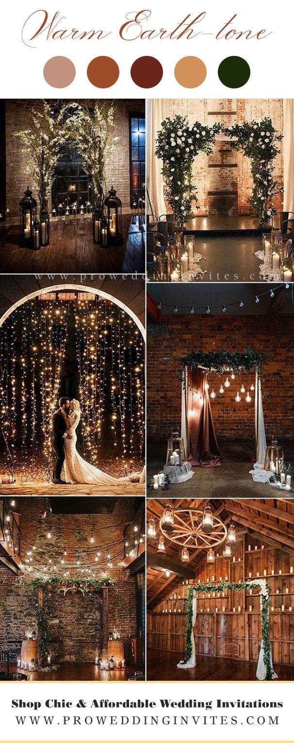 a collage of photos showing the inside of a barn with lights and greenery